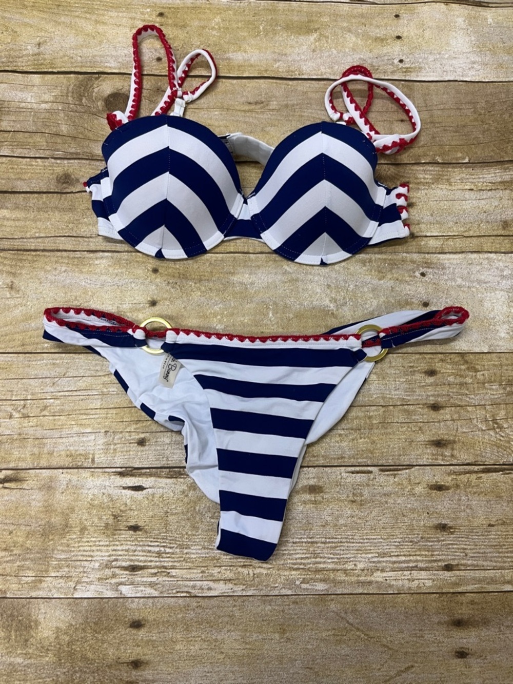 Beach Bunny Navy and White Striped Bikini with Red Trim gold accents size S/M (?